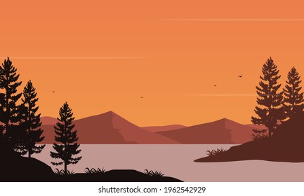 Panoramic views of the mountains and silhouettes of beautiful pine trees on the riverbank at dusk in the evening. Vector illustration