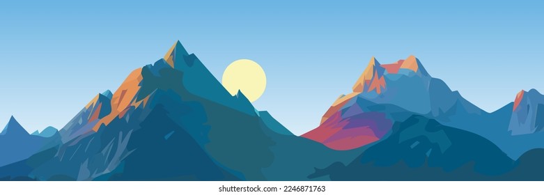 Panoramic views vector illustration of beautiful dark blue mountain landscape with sky. Sunrise and sunset in mountains.