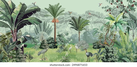 Panoramic Wall Murals, Animals, tree, birds, Plam trees.