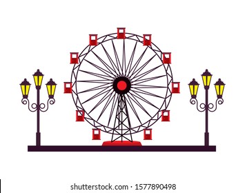 panoramic wheel attraction with lamps vector illustration design