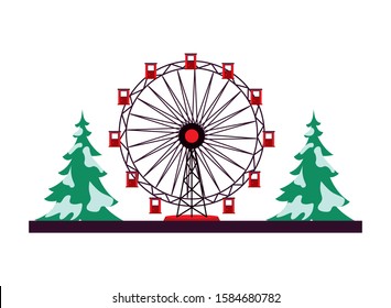 panoramic wheel attraction with pines trees vector illustration design