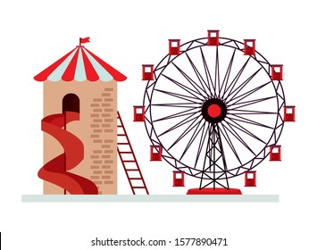 panoramic wheel and slide attractions vector illustration design