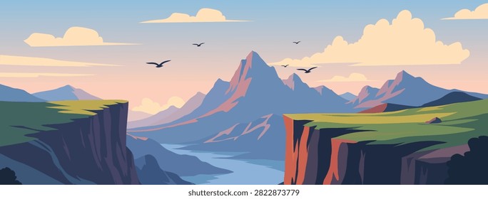Panoramic Wide Mountain Gorge Flat Vector Landscape Background At Sunset With Steep Cliffs