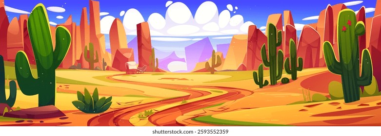 Panoramic wild west desert with rock mountains and green cactus. Winding dirt path across sandy terrain under bright blue sky with puffy white clouds. southwestern landscape for game background.