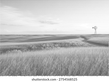 panoramic wilderness halftone mountain valley vista dotted landscape monochrome terrain retro serene tranquil scenic majestic view range peaks