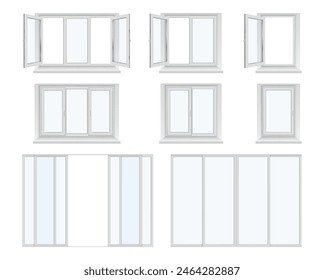 Panoramic window frames, isolated plastic panes with clear glass. Vector isolated set of realistic architecture elements and constructions. Traditional house design and interior for apartment