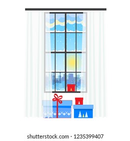 Panoramic window, interior element. View from the window to the winter city. Cozy house, apartment, hotel. Window with snow and gifts. Flat cartoon style design
