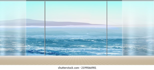Panoramic window. Interior of empty room with a view to ocean landscape. Resort apartments or hotel with big sea view window. Modern summer background