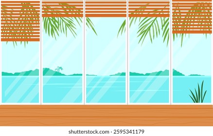 Panoramic window with jalousie. Interior of empty room with a view to ocean landscape. Tropical resort apartments with big window. Colorful summer background