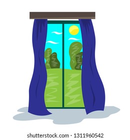 Panoramic window with long curtains and views of the green garden. Illustration in flat style