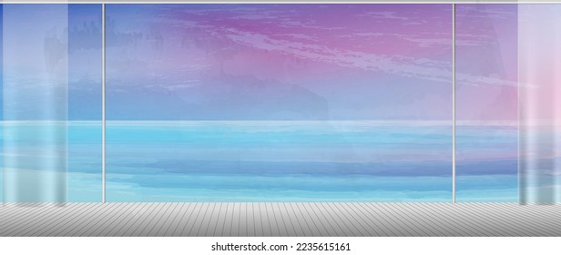 Panoramic window - purple sunset. Interior of empty room with evening sea view. Resort apartments or hotel. Modern summer background