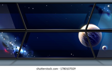 Panoramic window of the space hotel. Concept. Space travel