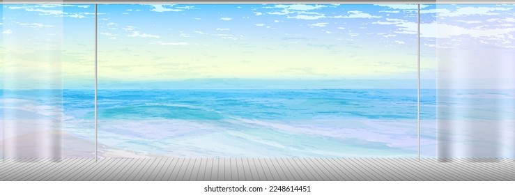 Panoramic window. Sunrise, tide of the wave, morning ocean view, coast line background in blue pastel colours. Vector illustration, watercolor style, concept for card, poster, flyer, print.