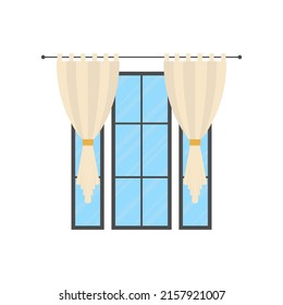 Panoramic window with a white curtain. Isolated Cartoon style. Vector illustration