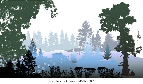 Panoramic winter forest landscape with silhouettes of trees, plants and reindeer footprints