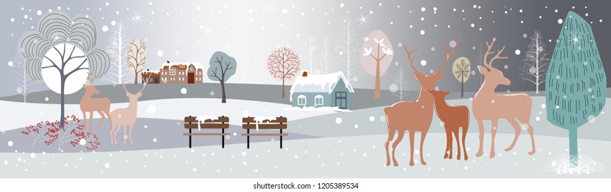 Panoramic of winter forest landscape,Vector illustration of horizontal banner of winter wonderland of rein deers family in forest with snowing at night,Winter and Merry Christmas landscape background,