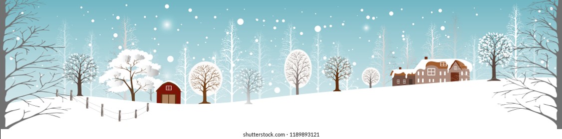 Panoramic of winter landscape with snowing,Vector illustration of horizontal banner of winter landscape field of farm village,forest tree branches without leaves with snow covering,Merry Christmas