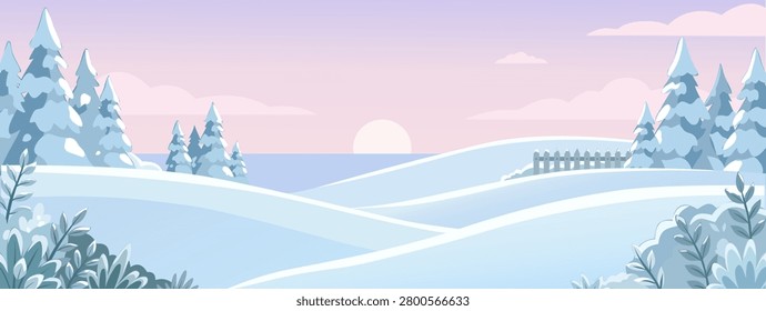 Panoramic winter landscape vector of snow covered hills and pine trees with a wooden fence under a pastel pink sunset sky.