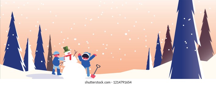 Panoramic winter landscape while sunset and snowing.Kids making snowman with green top hat.Blue pine trees against against orange color scene  moon .of Vector illustration.