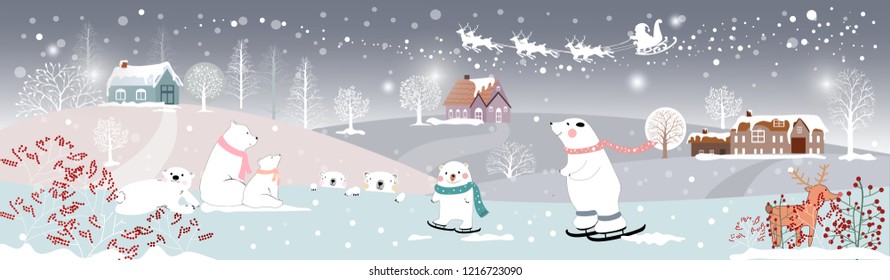 Panoramic of winter landscapes with snow,Vector of horizontal banner of winter wonderland with cute polar bear family looking up at Santa Claus and Reindeers in sky,Merry Christmas and Happy New year