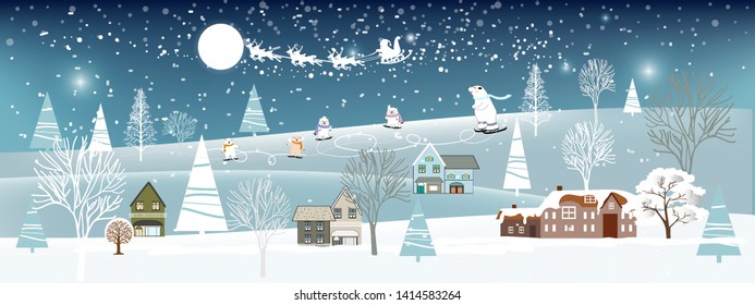 Panoramic of winter landscapes with snow,Vector of horizontal banner of winter wonderland with cute polar bear family looking up at Santa Claus and Reindeers in sky,Merry Christmas and Happy New year
