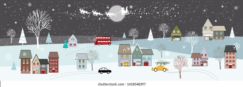 Panorámica de paisajes de invierno con nieve,Vector de banderland horizontales de invierno con la adorable familia de oso polar mirando a Santa Claus y renos en el cielo, Feliz Navidad y Feliz Año Nuevo