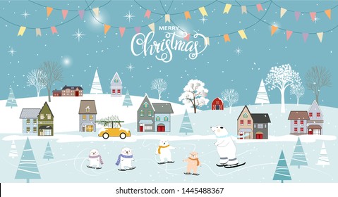 Panoramic of winter landscapes with snow,Vector of horizontal banner of winter wonderland with cute polar bear family celebrating in Christmas eve, Merry Christmas and Happy New year background.