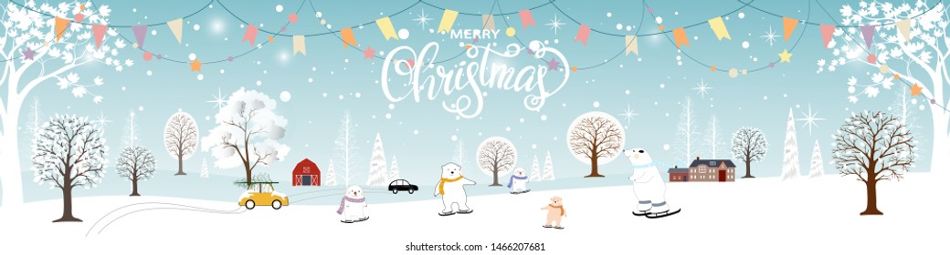 Panoramic of winter landscapes with snow,Vector of horizontal banner of winter wonderland with cute polar bear family celebrating in Christmas eve, Merry Christmas and Happy New year background.