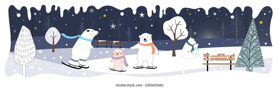 Panoramic of winter landscape,Vector of horizontal banner of winter wonderland with snow falling on moutain,Cute Polar bear famiy playing ice skates,Merry Christmas and Winter background