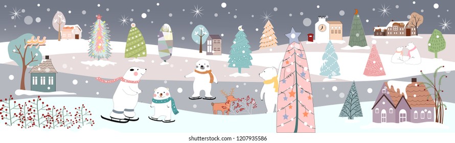 Panoramic of winter landscape,Vector of horizontal banner of winter wonderland at countryside with snow, trees with decoration and polar bear playing ice skates,Merry Christmas and New year background