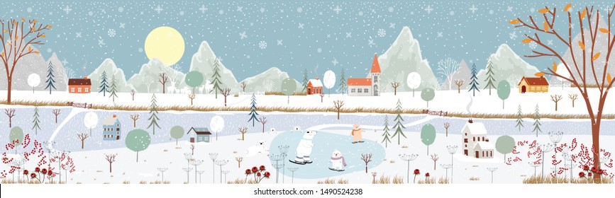 Panoramic of winter landscape,Vector of horizontal banner of winter wonderland at countryside with snow covering,house,moutain,tree and polar bear playing ice skates,Merry Christmas background