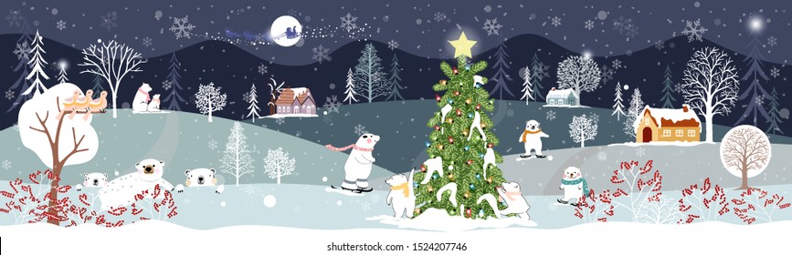 Panoramic Of Winter Landscape,Vector Of Horizontal Banner Of Winter Wonderland At Countryside With Polar Bear Having Fun In The Park, Happy New Year And Merry Christmas Background