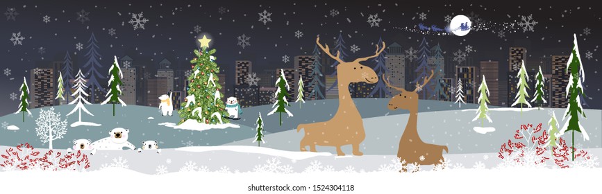 Panoramic of winter landscape,Vector of horizontal banner of winter wonderland at countryside with mommy and son reindeer, polar bear having fun in the park, New year and Merry Christmas background