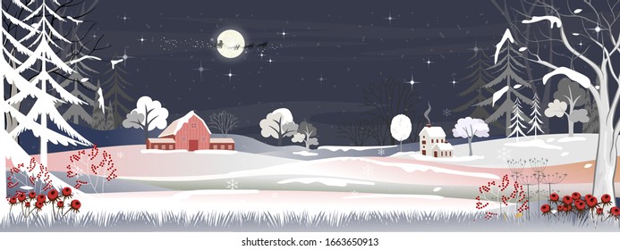Panoramic of winter landscape,Vector of horizontal banner of winter wonderland at countryside with snowing house,moutain,forest tree at night, Merry Christmas and new year background