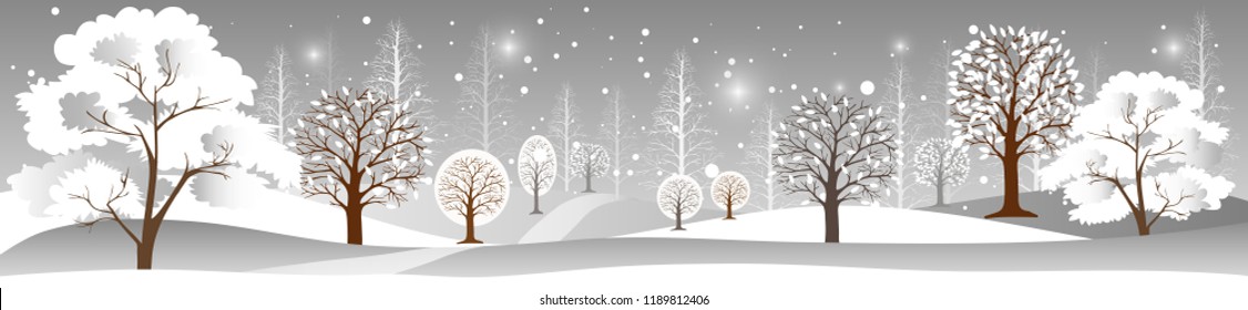 Panoramic of winter landscape,Vector illustration of horizontal banner of winter landscape field of trees with snow covering, Forest trees  with snowing,Merry Christmas landscape background