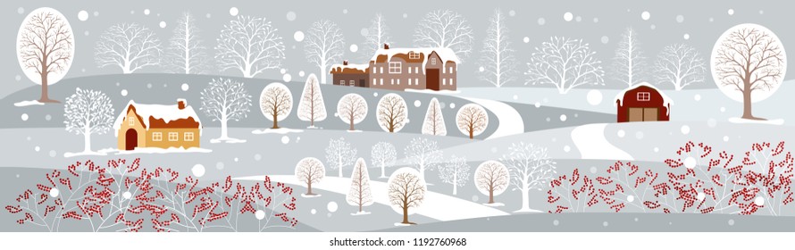 Panoramic of winter landscape,Vector illustration of horizontal banner of winter landscape countryside with snow covering,Farmhouse,moutain and trees with snowing,Merry Christmas landscape background