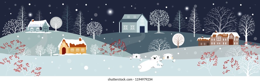 Panoramic of winter landscape,Vector illustration of horizontal banner of winter wonderland at countryside with snow covering,house,moutain,trees and polar bear with snowing,Merry Christmas background