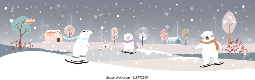 Panoramic of winter landscape,Vector illustration of horizontal banner of winter wonderland at countryside with snow covering,house,moutain,trees and cute polar bear on ice skates,Merry Christmas 