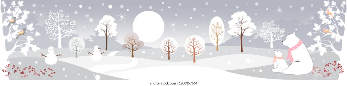 Panoramic of winter landscape,Vector illustration of horizontal banner of winter wonderland with polar bear family sitting on snow,snow man,hills and trees branches,Christmas and New year background