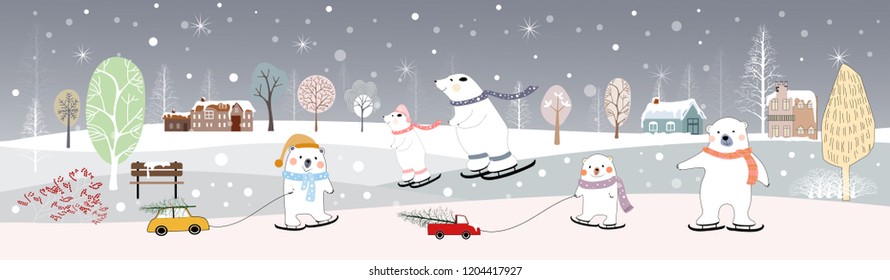 Panoramic of winter landscape,Vector illustration of horizontal banner of winter wonderland at countryside with snow covering,house,moutain,trees and cute polar bear on ice skates,Merry Christmas 