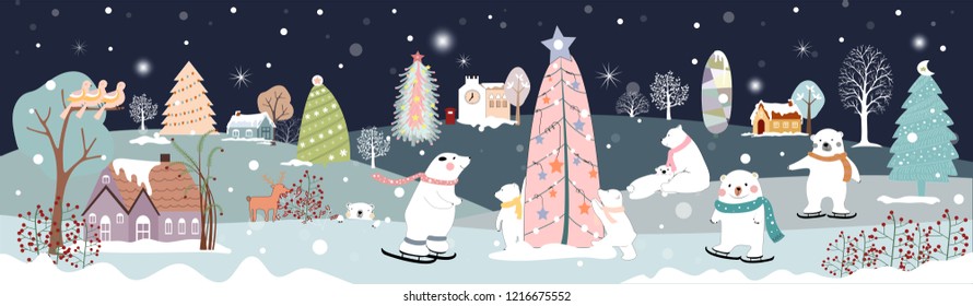 Panoramic of winter landscape,Vector illustration of horizontal banner of winter wonderland at countryside with snow covering,house,moutain,trees and polar bear with snowing,Merry Christmas background