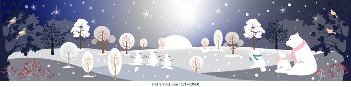 Panoramic of winter landscape,Vector illustration of horizontal banner of winter wonderland at countryside with snow covering,house,moutain,trees and polar bear with snowing,Merry Christmas background