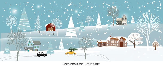 Panoramic of winter landscape,Vector illustration horizontal banner of winter landscape countryside with snow covering,Farmhouse,moutain and trees with snowing,Merry Christmas or New Year background