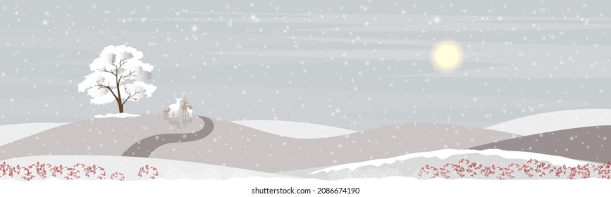 Panoramic of winter landscape,Vector illustration horizontal banner of winterwonderland with reindeer family and snowing at nihgt, Cute cartoon Greeting card for  Christmas and New Year background