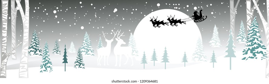 Panorámico paisaje invernal,Vector ilustración de Santa trineo volando por la noche con renos en la aldea, Padre Navidad Leche Renos en la luna, Feliz Navidad y Feliz Año Nuevo fondo