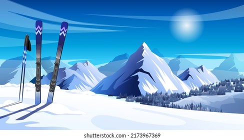 Panoramic winter mountain landscape with skis and ski poles. Colorful landscape with mountains, rocks, snowy peaks of alps, forest, sky and sun. Vector illustration