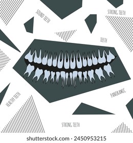 Panorama-Röntgenaufnahme der Zähne im trendigen geometrischen Stil. Panorama Zähne auf modernem geometrischem Hintergrund gedreht. Design für Zahnklinik. Ästhetische Vektorgrafik. EPS 10 