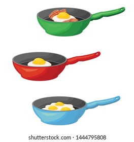 pans with fried bacon and fried eggs vector illustration