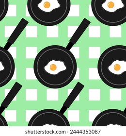 Sartenes con huevos de gallina fritos con una rejilla verde en el fondo. Patrón sin fisuras, desayuno saludable. Textiles, estampados, embalajes, toallas. Aislado sobre fondo blanco