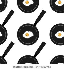 Pans with fried chicken eggs seamless pattern, healthy breakfast. Textiles, prints, packaging, towels. Isolated on white background